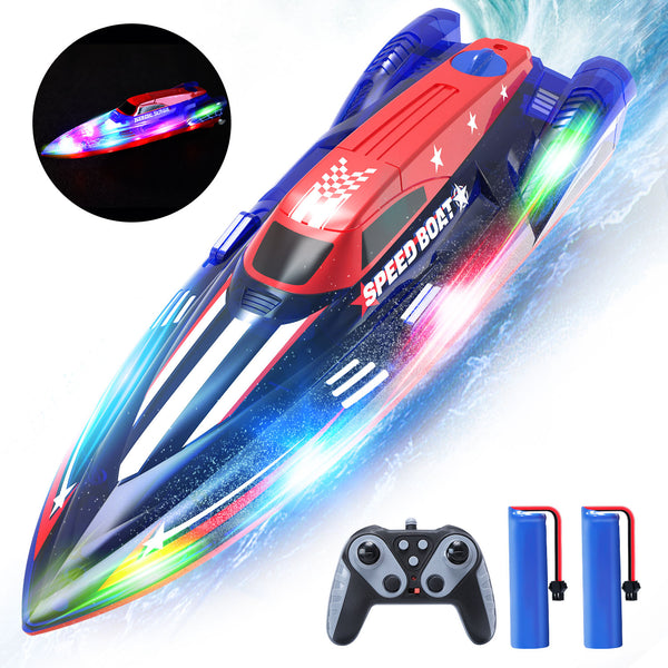 Skirfy RC Toy Boat with LED for Kids and Adults - Remote Control Boat for Pools and Lakes 2.4 GHZ RC Boats with 2 Rechargeable Battery