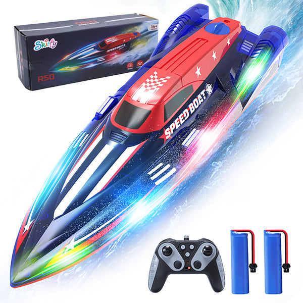 Skirfy RC Toy Boat with LED for Kids and Adults - Remote Control Boat for Pools and Lakes 2.4 GHZ RC Boats with 2 Rechargeable Battery