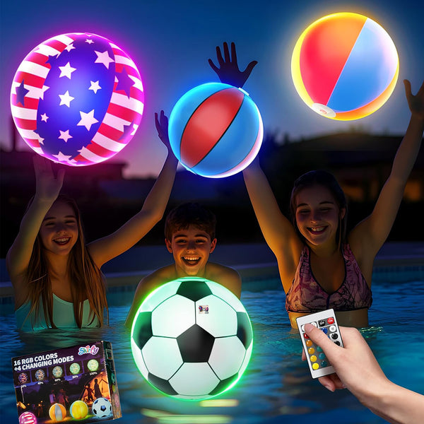 Skirfy LED Light Up Beach Balls for Sports with Remote,4 PCS Pool Toys,16 Colors Lights and 4 Light Modes,Outdoor Beach Party Sports Games&Toys for Kids Adults Pool Patio Garden